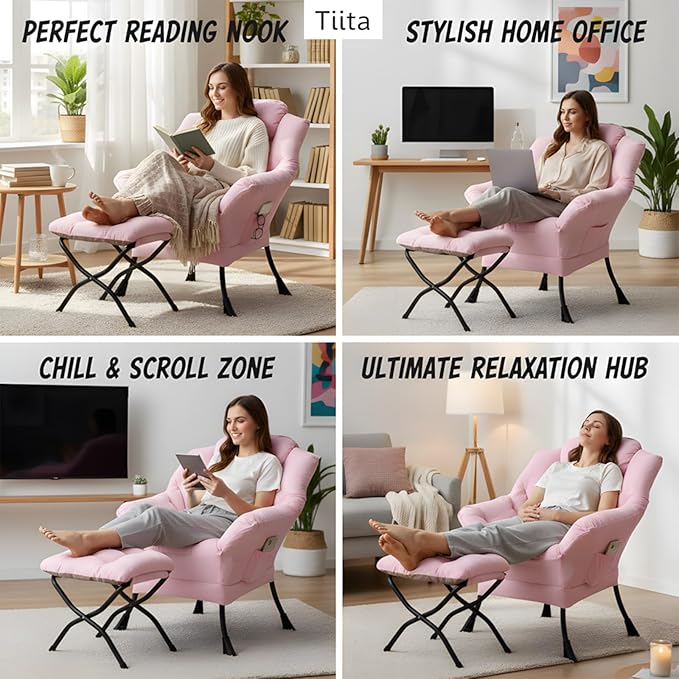 Tiita Lazy Chair with Ottoman, Modern Large Accent Lounge Armchair, Comfy Leisure Sofa Reading Chair with Footrest for Bedroom, Living Room, Dorm Rooms, Garden and Courtyard, Pink