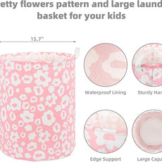 Foldable Baby Laundry Basket Hamper for Nursery Girl kids Clothes laundry hamper basket Portable Tall Collapsible Cute Laundry Basket Organizer, Nursery Storage Basket with Handles (Pink Flowers)