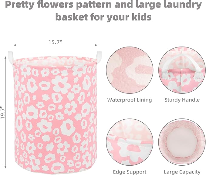 Foldable Baby Laundry Basket Hamper for Nursery Girl kids Clothes laundry hamper basket Portable Tall Collapsible Cute Laundry Basket Organizer, Nursery Storage Basket with Handles (Pink Flowers)