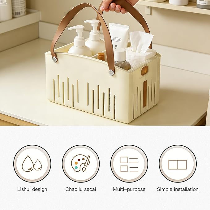 Small Shower Caddy, Shower Basket with Handle and Adjustable Divider, Portable Shower Caddy for Bathhouse, Gym, Camping, Travel (Cream)