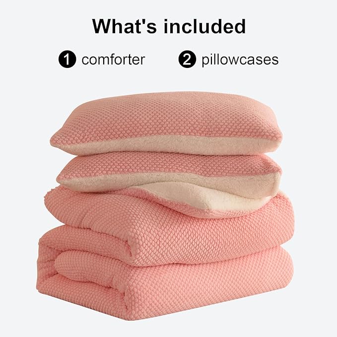 3D Jacquard Design Comforter Set, Ultra-Soft Warm Queen Size Sherpa Fur Plush 3-Pieces Sets Luxury Cozy Bedding with 2 Pillowcases (90"x90", Pink)