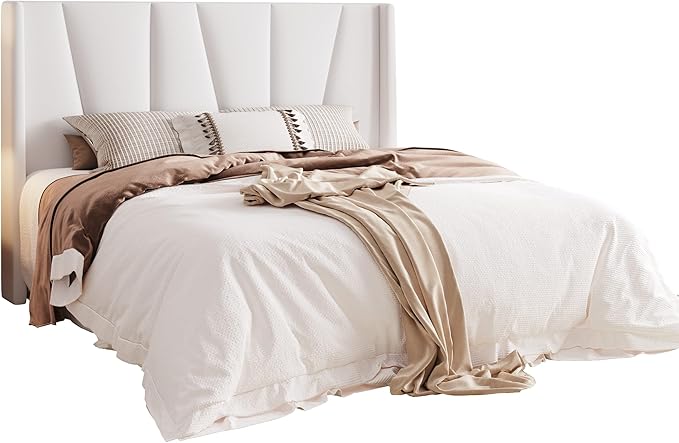Allewie Full Size Platform Velvet Bed Frame with Geometric Wingback Headboard, Boho Upholstered Bed with Wooden Slats Support, No Box Spring Needed, Easy Assembly, White