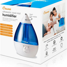 Crane Ultrasonic Cool Mist Teardrop Humidifier for Baby Nursery, Bedroom, Office, Large Room, Adjustable Humidity, Auto Shut-Off, Easy Clean Blue & White 1 Gallon