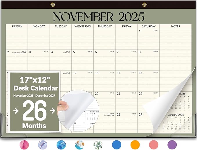 Forvencer Desk Calendar 2026, 26 Months Calendar Runs from November 2025 to December 2027, 17" x 12" Large 2026 Wall Calendar Monthly Planner with Plastic Cover for Home School Office