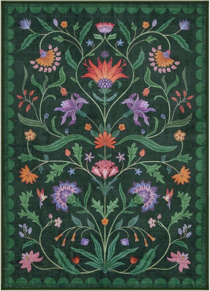 Lahome Boho Floral Washable Green 5x7 Area Rugs for Living Room, Non Slip Rugs for Bedroom Entryway, Indoor Ultra-Thin Throw Dining Room Carpet for Under Table Kitchen Dorm(Forest Green,5x7)