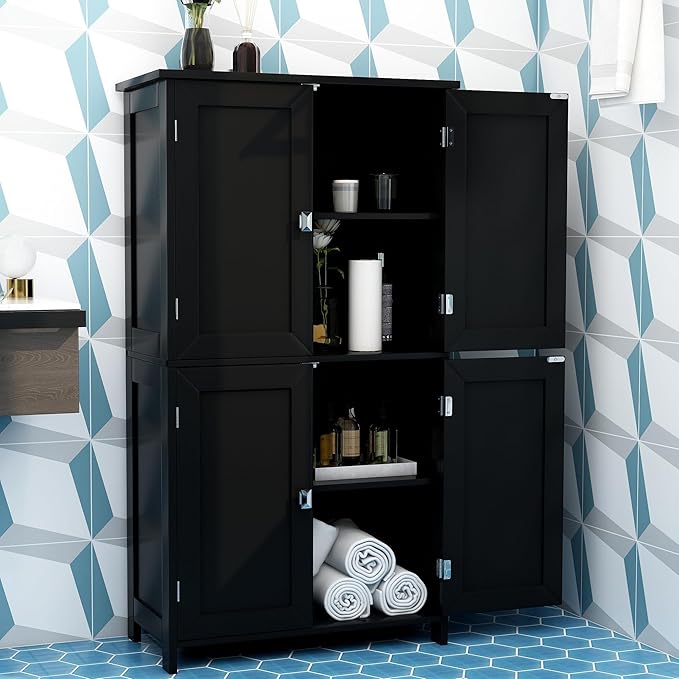 TaoHFE 2 Tier Bathroom Storage Cabinet,Wood Bathroom Cabinets Freestanding with 4 Door Organizers Storage with Adjustable Shelves, Storage Cabinet for Living Room, Laundry Room, Black