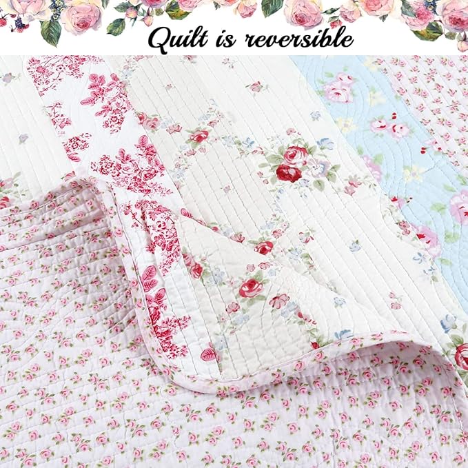 Cozy Line Home Fashions 100% Cotton Real Patchwork Pink Floral Cottage Shabby Chic Reversible Quilt Bedding Set, Bedspread, Coverlet (Wild Rose, King - 3 Piece)