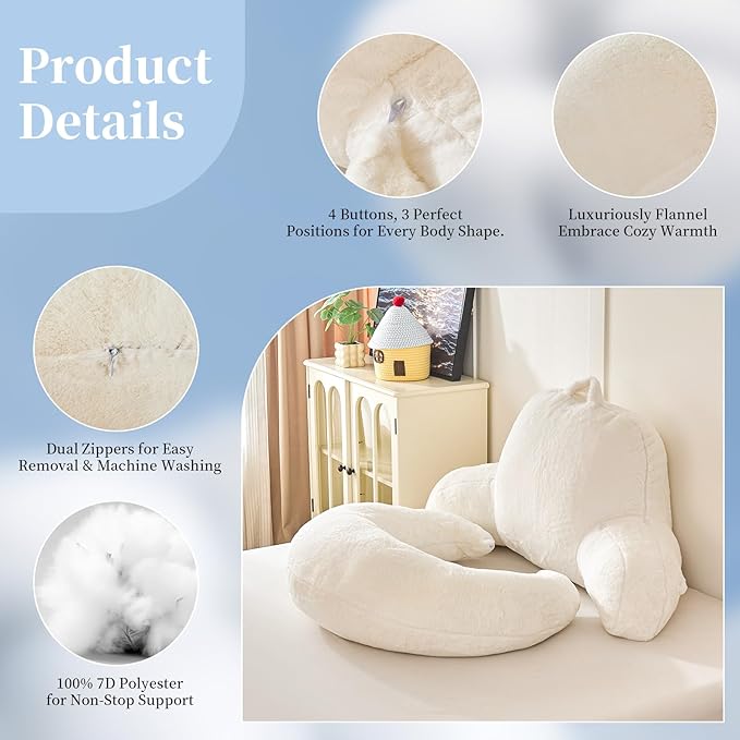 Reading Pillow for Bed,U Shaped & Back Support Pillow for Bed,19" Backrest with Lumbar & Arm Support,Luxurious Faux Rabbit Fur,Gaming PillowFor Crochet/Reading/Watching TV,White