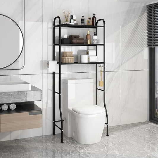 JSB 3-Tier Metal Bathroom Storage Rack Over The Toilet, Multifunctional Organizer with Toilet Paper Rack (Black, 3 Tier)