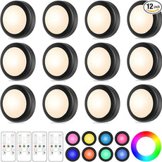 Yiliaw 12 Pack LED Puck Lights Remote Control 16 Color Changeable Under Cabinet Lights, Battery Operated Lights Night Light with Dimmer & Timmer for Closet Bedroom Kitchen, Black