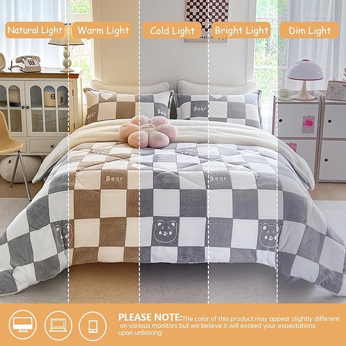 Fleece Comforter Set - 3 Piece King Size Thick Fluffy Comforters for Her Girls, Plush Cozy Warm,Soft Microfiber Bedding Bedroom Decor Winter (1 Comforter + 2 Pillow Shams)
