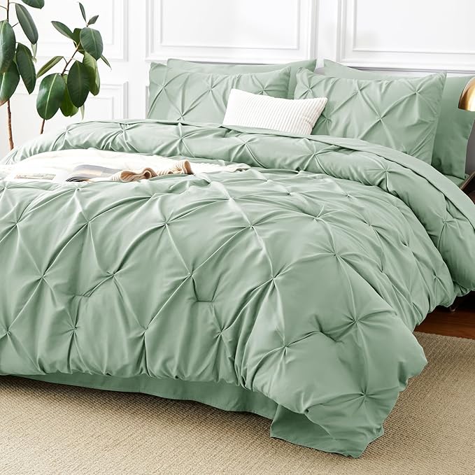 CozyLux Twin Comforter Set with Sheets Sage Green, 5 Pieces Pintuck Bed in A Bag, Twin Bed Set Gift for Family, Pinch Pleat Bedding Set with Comforter, Sheets, Pillowcase & Sham