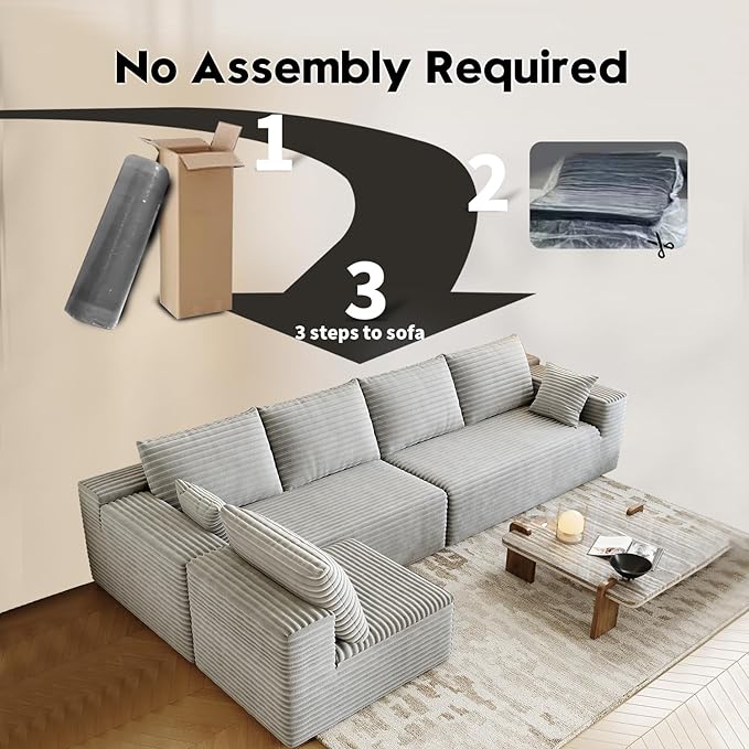139.4" Modular Sectional Sofa, L-Shaped Minimalist Couches with Middle Seat Chaise, Modern Deep Seat Convertible Sleeper Sofa,Cloud Plush Corduroy Fabric, No Assembly Required, 5 Seater, Grey