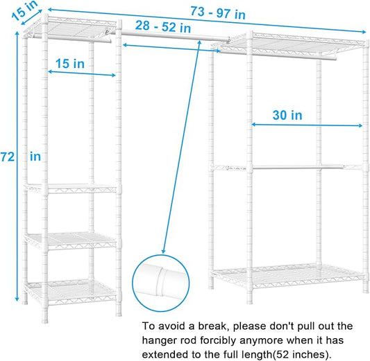 Ulif E10 Clothes Rack（With Stretchable Hanger Rod）Freestanding Clothing Racks for Hanging Clothes，Adjustable Closet Organizer System，Portable Garment Rack 73-97"W x 15" D x 72" H，Max Load 800LBS，White