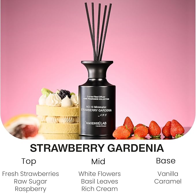 M&SENSE Reed Diffuser Set, 10.14 fl oz Large Reed Diffuser, Strawberry Gardenia Scented with Natural Essential Oils, Long Lasting with 7 Sticks, Non-Toxic Home Fragrance Reed Diffuser for Bedroom