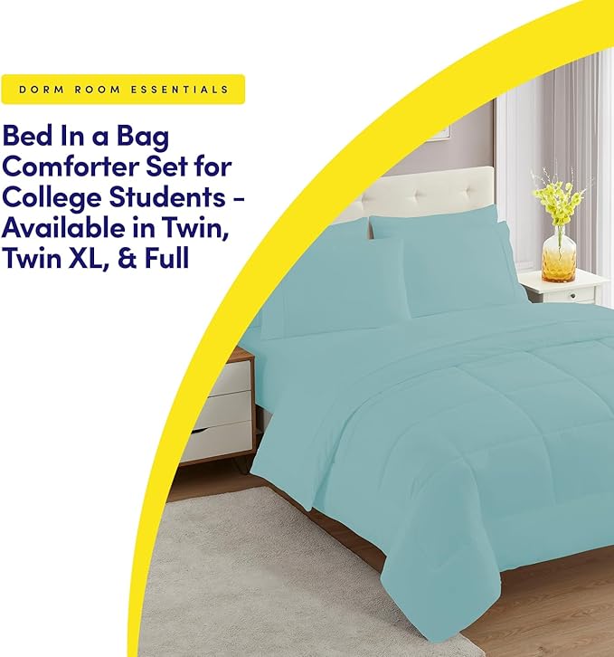 Dorm Room Essentials College Bedding Comforter Set 5 Piece Twin XL Size Bed in a Bag for College Students Boys and Girls, Twin XL, Misty Blue