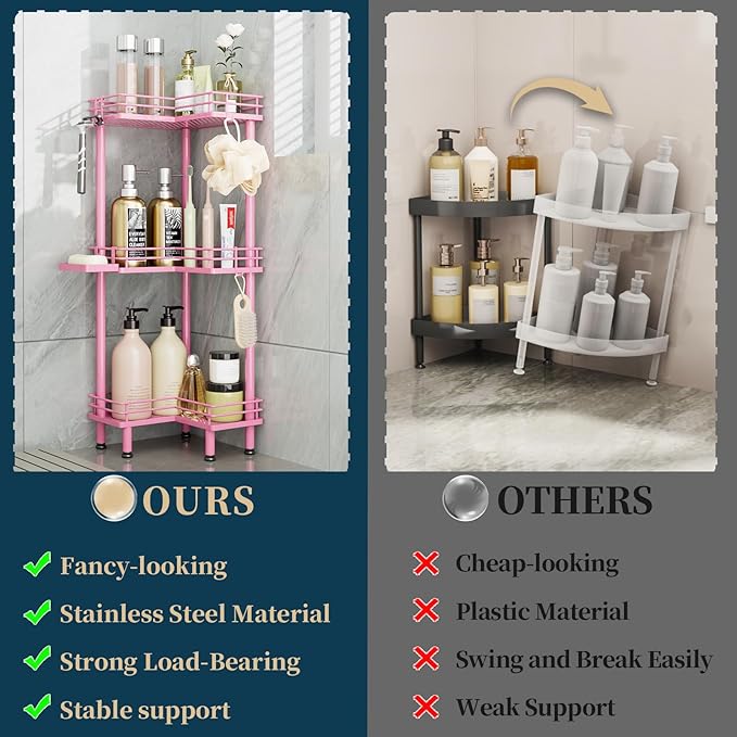 Consumest Corner Shower Caddy Standing - 3-Tier Stainless Steel Shower Organizer with Soap Holder and 4 Hooks, Large Capacity Corner Shelf Stand for Bathroom, Rest Room, Pink