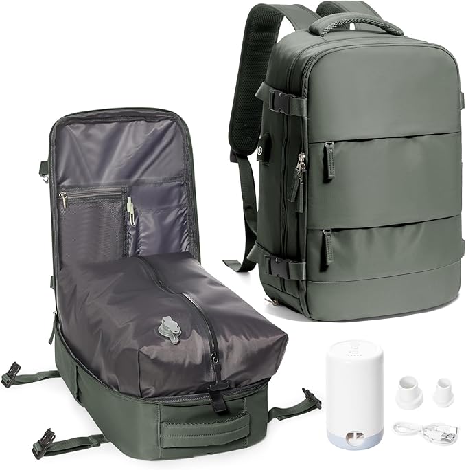 suwasp Vacuum Backpack Travel with Electric Vacpack Pump, Vacuum Compression Bags Travel Backpack for Women Men, Flight Approved Waterproof Carry on Backpacks Laptop Work Weekender Daypack, Green