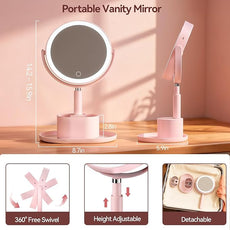 Shinowa Makeup Mirror with Lights, 1X/20X Lighted Magnifying Mirror with Storage for Makeup & Jewelry, 2-Sided Height Adjustable Vanity Mirror with 3 Color Lights, 360° Rotation & Rechargeable, Pink