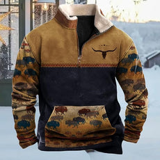 Western Sweatshirts for Men Aztec Cowboy Vintage Graphic Fleece Hoodie Mens Quarter Zip Pullover Country Jacket