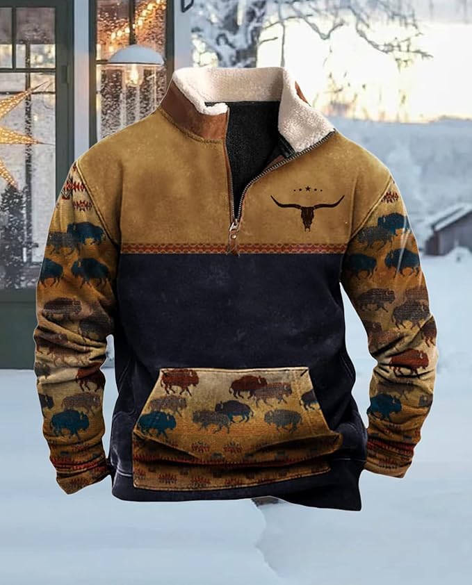 Western Sweatshirts for Men Aztec Cowboy Vintage Graphic Fleece Hoodie Mens Quarter Zip Pullover Country Jacket