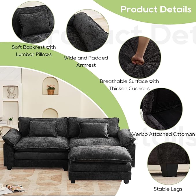 86" Modular Sectional Sofa, Comfy Cloud Couch Sectional Sofa with Ottoman, Chenille Sofa Sleeper Deep Seat Sofa with Throw Pillows for Living Room (Black, 86"- L Shape)