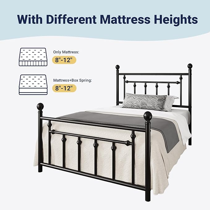 Allewie 14 Inch Twin Size Metal Platform Bed Frame with Victorian Vintage Headboard and Footboard/Mattress Foundation/Under Bed Storage/No Box Spring Needed/Easy Assembly/Noise Free/Black