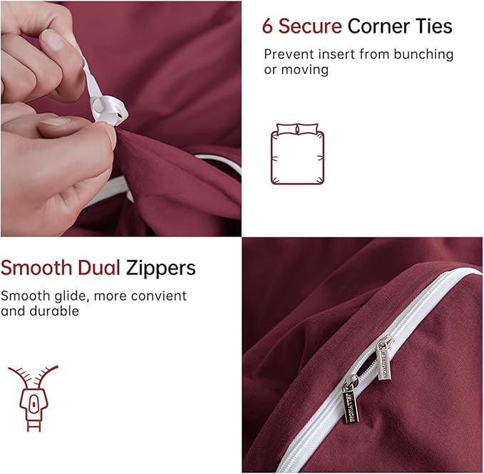 JELLYMONI Burgundy Duvet Cover Queen Size - 100% Washed Cotton Linen Like Textured Comforter Cover, 3 Pieces Breathable Soft Bedding Set with Zipper Closure (Burgundy, Queen 90"x90")