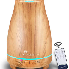 Diffuserlove Essential Oil Diffusers 200ML Diffuser Remote Control Aromatherapy Diffuser with 7 Color Lights, Auto Shut-Off for Bedroom Office Kitchen (Yellow Wood Grain)