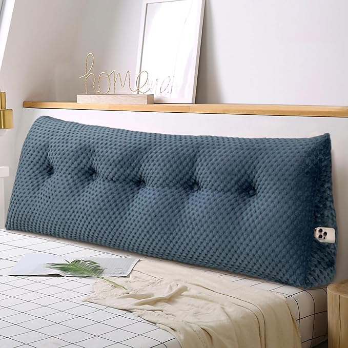 Large Triangular Headboard Wedge Pillow Soft and Supportive Headboard Backrest Positioning Support Bolster Cushion, Bed Wedge Pillow with Removable Cover(Dark Blue,King,76x8x20inch)