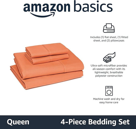 Amazon Basics Lightweight Microfiber 4-Piece Bed Sheet Set, Brick, Solid, Queen AmazonBasics