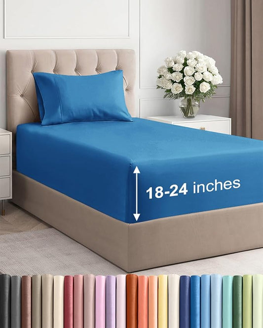 Extra Deep Pocket Twin XL Sheets - 3 Piece Breathable & Cooling Bed Sheets - Hotel Luxury Bed Sheet Set - Soft, Wrinkle Free & Comfy - Easily Fits Extra Deep Mattresses - Deep Pocket Denim Blue Sheets
