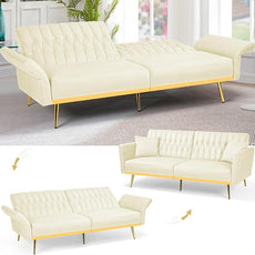 70” Velvet Futon Sofa Bed with 2 Pillows and Adjustable Armrests, Convertible Sleeper Bed W/Adjustable Backrests, Modern Loveseat for Living Room, Bedroom, Beige