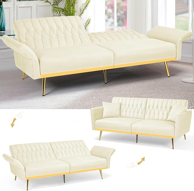 70” Velvet Futon Sofa Bed with 2 Pillows and Adjustable Armrests, Convertible Sleeper Bed W/Adjustable Backrests, Modern Loveseat for Living Room, Bedroom, Beige