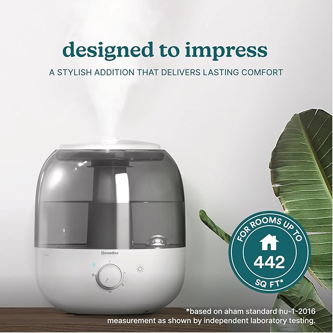 Homedics Ultrasonic Top Fill Humidifier, Cool Mist, 360° Nozzle, Up to 25 Hour Runtime, for Large Room, Bedroom, Nursery, Plants
