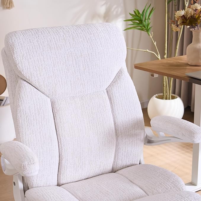 Executive Office Chair, Comfy Fabric Cloth Computer Chair Ergonomic Desk Chairs with Flip-up Armrests, Lumbar Support, 360° Swivel and Rocking Function for Home Office Chairs, White
