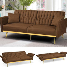 70” Velvet Futon Sofa Bed with 2 Pillows and Adjustable Armrests, Convertible Sleeper Bed W/Adjustable Backrests, Modern Loveseat for Living Room, Bedroom, Brown