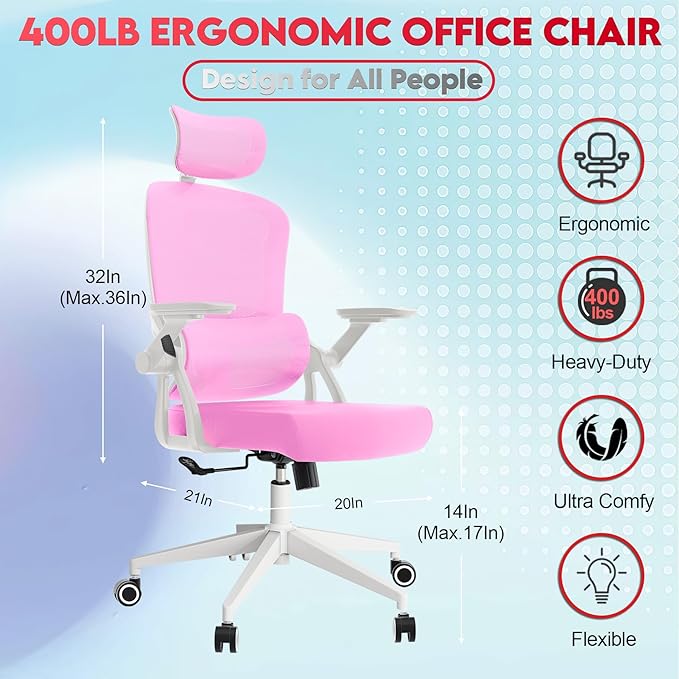 Ergonomic Office Chair - 400LB Comfy Desk Chairs with Adjustable Headrest and Lumbar Back Support, Mesh Computer Chairs with Wheels and Arms for Home Office, Study (218Pink-With Headrest)