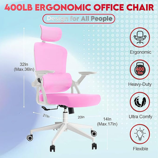 Ergonomic Office Chair - 400LB Comfy Desk Chairs with Adjustable Headrest and Lumbar Back Support, Mesh Computer Chairs with Wheels and Arms for Home Office, Study (218Pink-With Headrest)