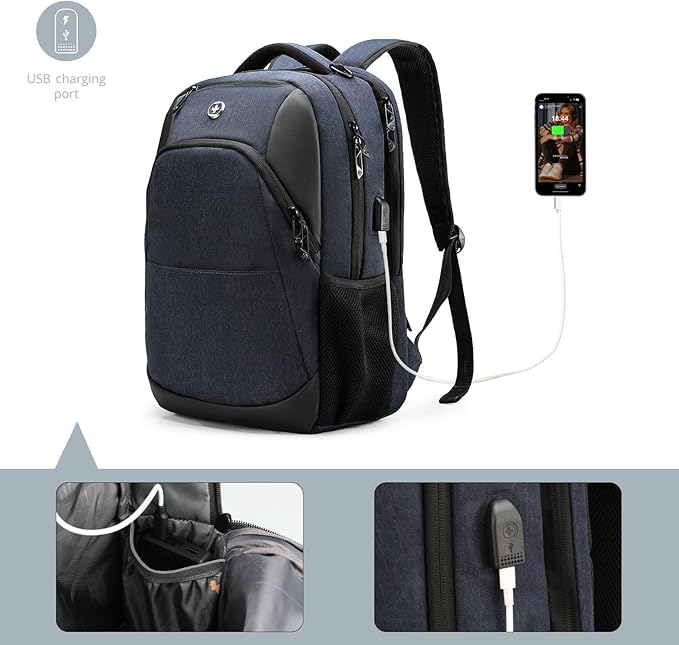 Swissdigital Design Travel Laptop Backpack for Men and Women, Business Backpack with USB Charging Port for Fits 16 Inch Notebook, Blue | SD1670-12