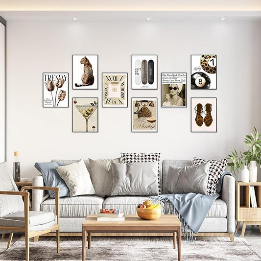 Trendy Leopard Wall Art Set of 9, Aesthetic Cheetah Wall Decor Paintings,Fashion Leopard Y2k Preppy Cheetah Posters Prints Pictures for Apartment Dorm Living Room Home Decor 8x10 Inch Unframed