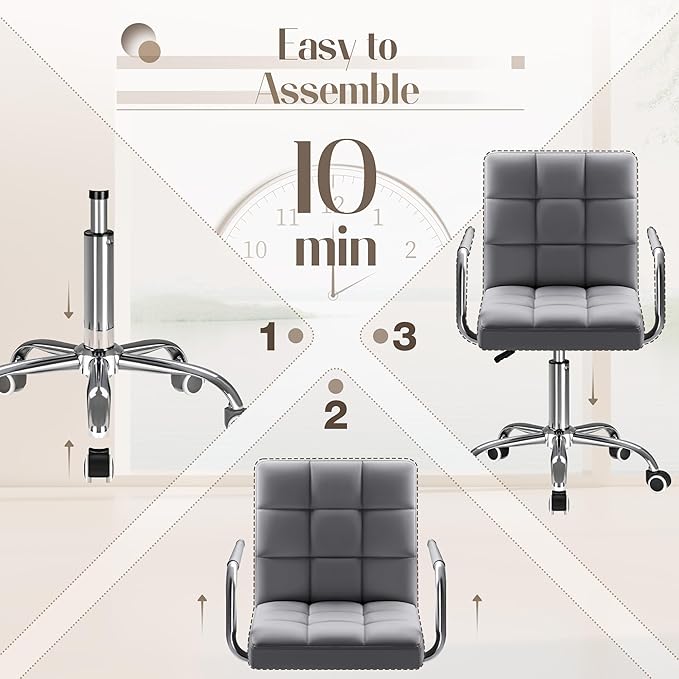 Furmax Mid-Back Office Task Chair Ribbed PU Leather Executive Chair Modern Adjustable Home Desk Chair Retro Comfortable Work Chair 360 Degree Swivel with Arms (Grey)