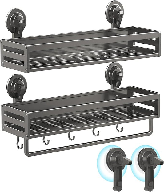 Shower Caddy Suction Cup, 15.8 inch 2 Pack Suction Shower Shelf with Hooks NO-Drilling Bathroom Holder, Rustproof Bathroom Organizer, Includes 2 Extra Suction Cups, Dark Grey