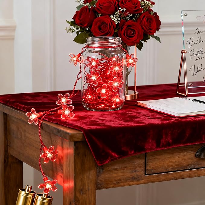 Battery Lighted & USB Plug in Fairy Flower String Lights, 9.8 ft 30 LED Cute Cherry Blossom Lights with Timer Indoor Bedroom Party Wedding Christmas Easter Tree Branch Hanging Decorations (Red)