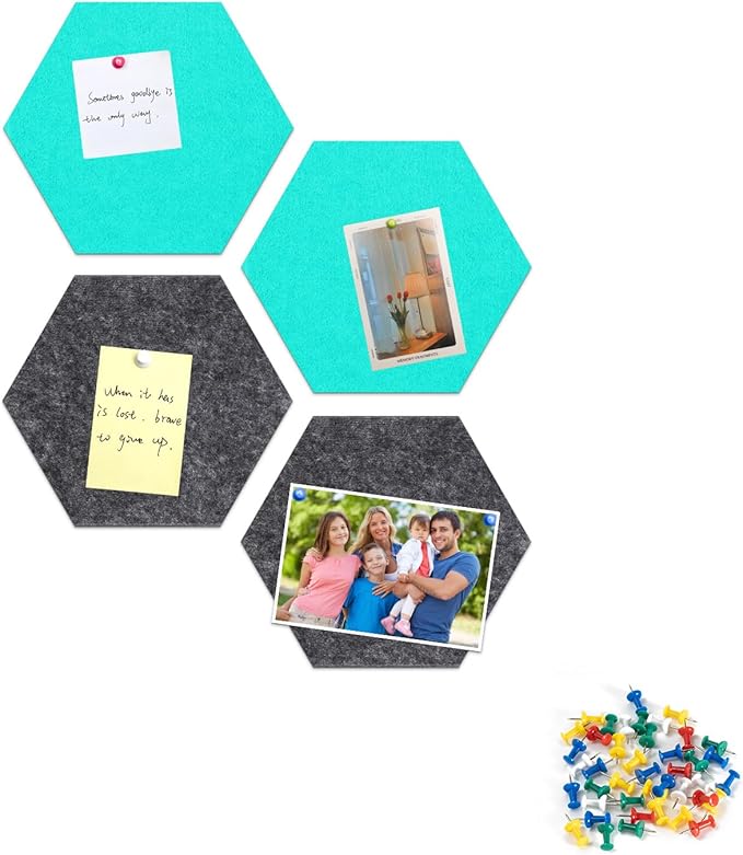 12" Large Bulletin Board with 15 Push Pins, Pack of 4 Hexagon Felt Pin Board Notice Boards for Home Office, Felt Wall Tiles for Photos Memos (Lake Blue Grey)