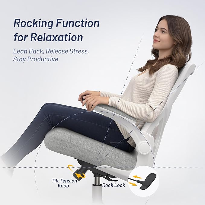 Office Chair for Long Hours & Lower Back Pain Relief – 4" Molded Foam Cushion, Padded Lumbar Support, and Padded Flip-up Armrests, Ideal for Office or Study, Light Gray