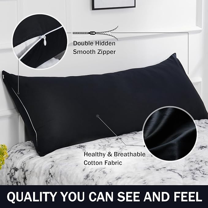 Best Season 100% Cotton Body Pillow Case Cover with Zipper Wrinkle-Free, Super Soft Pillow Case for Body Pillow, Breathable Long Pillow Protector 21"" x 54"" Black