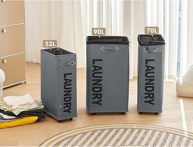 DOKEHOM 29-Inches Enlarged Slim Laundry Basket with Removable Wash Bag on Wheels, Collapsible Rolling Laundry Hamper, Foldable Narrow Corner Clothes Storage Bins (Dark Grey)