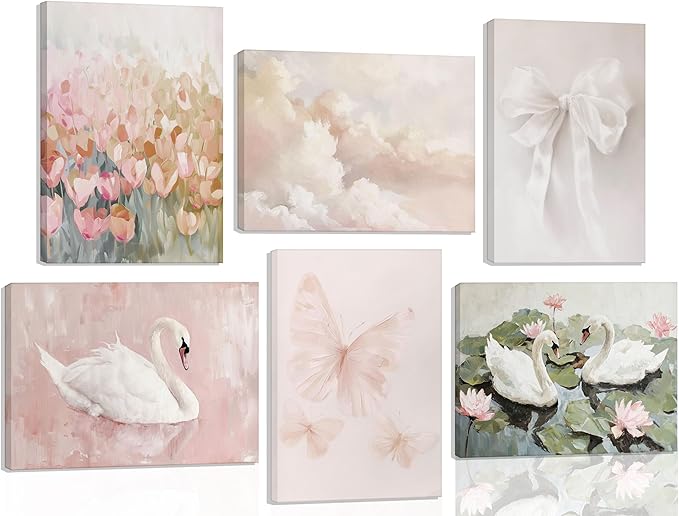 6Pcs Coquette Wall Art Pastel Pink Trendy Canvas Bow Posters White Swan Preppy Painting Butterfly Pictures Aesthetic Floral Prints Nursery Wall Decor for Teen Girls Bedroom College Dorm Framed