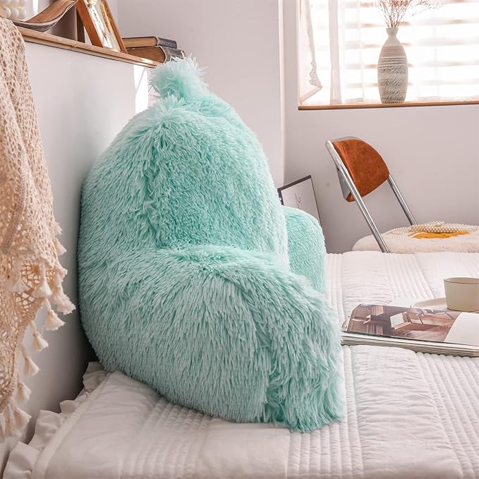 A Nice Night Faux Fur Reading Pillow Bed Wedge Large Adult Children Backrest with Arms Back Support for Sitting Up in Bed/Couch for Bedrest,Aqua